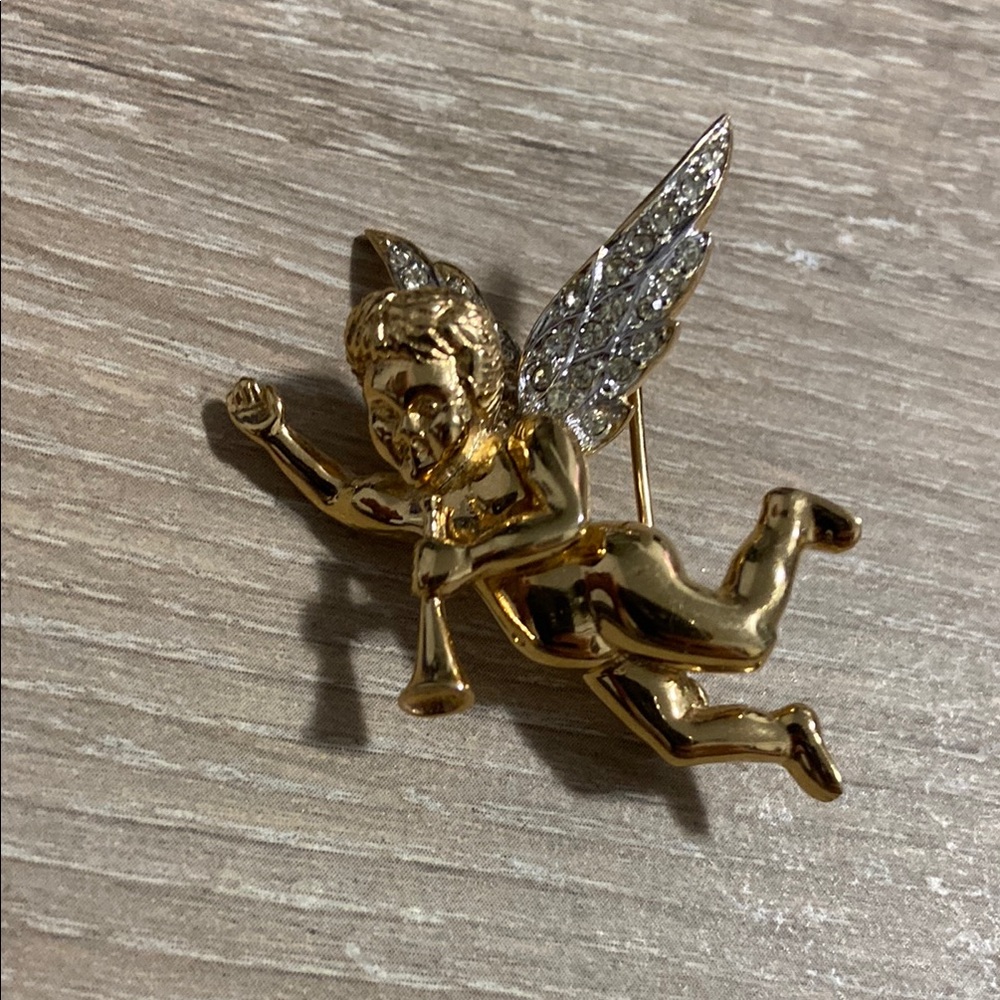 Vintage D'Orlan Gold Toned Cherub Playing a Trumpet Rhinestone Wings Brooch